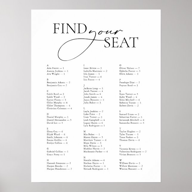 Minimal Modern Alphabetical Find Your Seat Wedding Poster (Front)