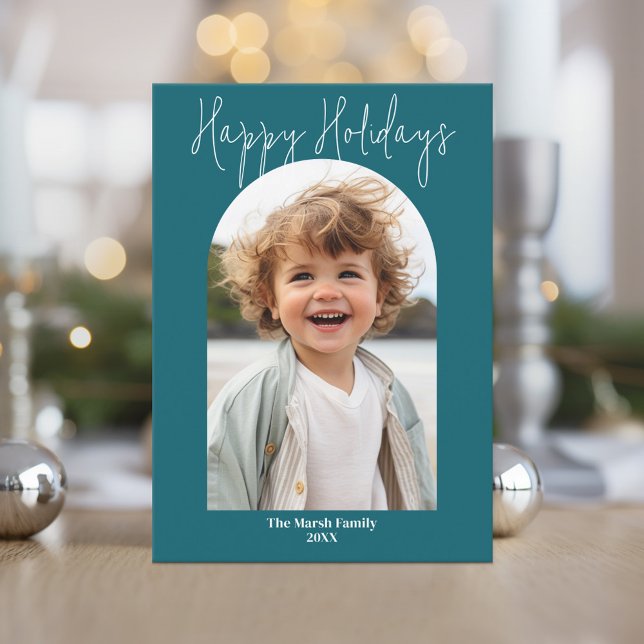 Minimal modern arch photo - botanical teal green holiday card (A festive botanical holiday card with 1 photo in a modern arch)