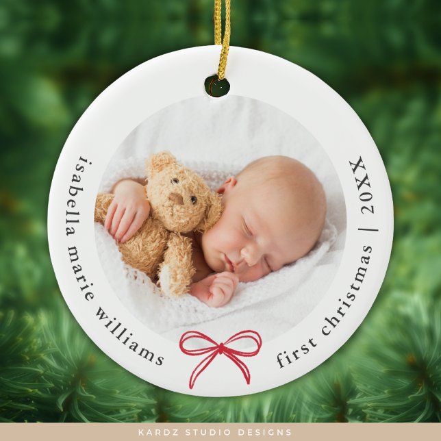Minimal Modern Baby Photo First Christmas Ceramic Ornament (Circle ceramic ornament shown, personalize and choose ceramic or metal.)