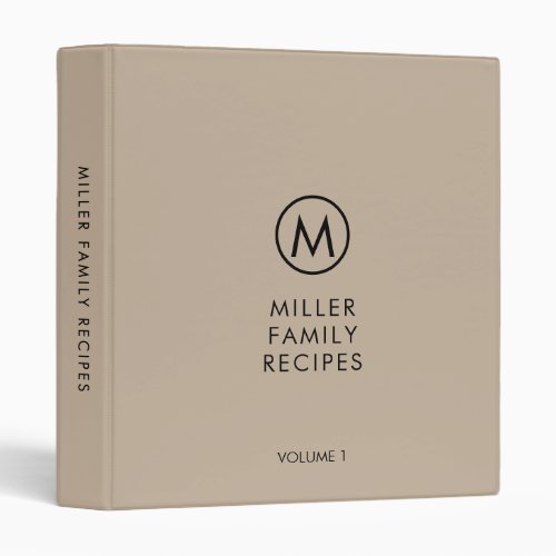 Minimal Modern Beige Family Monogram Recipe 3 Ring Binder