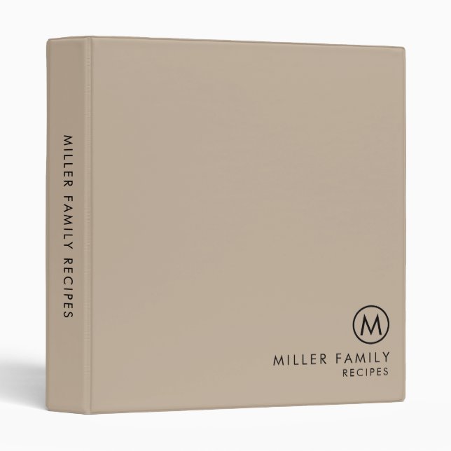 Minimal Modern Beige Family Monogram Recipe 3 Ring Binder (Front/Spine)