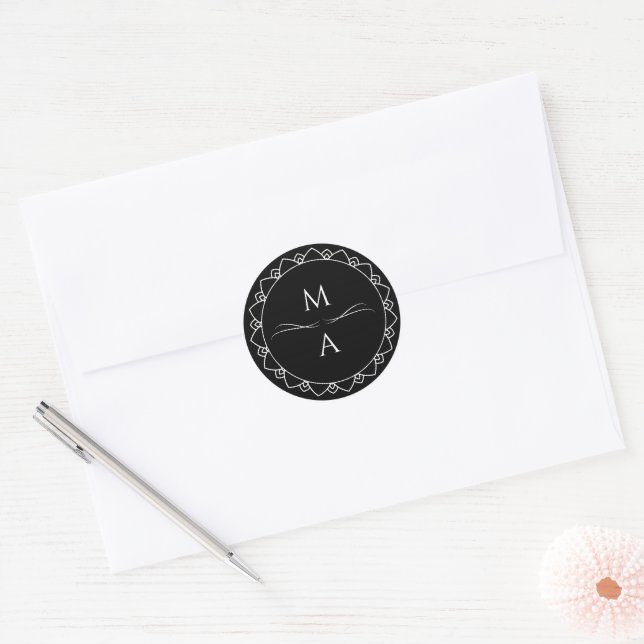 Minimal Modern Black and White Mandala Initials Classic Round Sticker (Envelope)