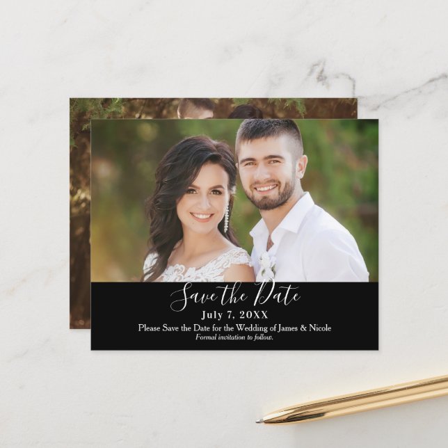 Minimal Modern Black Chic Photo Save the Date (Front/Back In Situ)