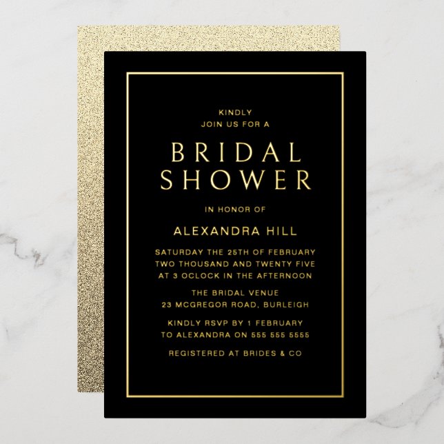 Minimal Modern Black & Gold Bridal Shower Golden Foil Invitation (Front/Back)