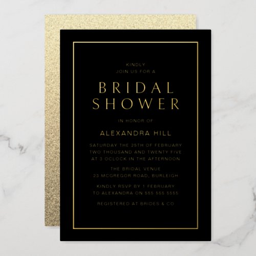 Minimal Modern Black  Gold Bridal Shower Golden Foil Invitation