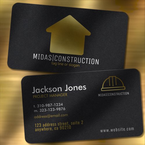 Minimal Modern Black  Gold Construction Hard Hat Business Card