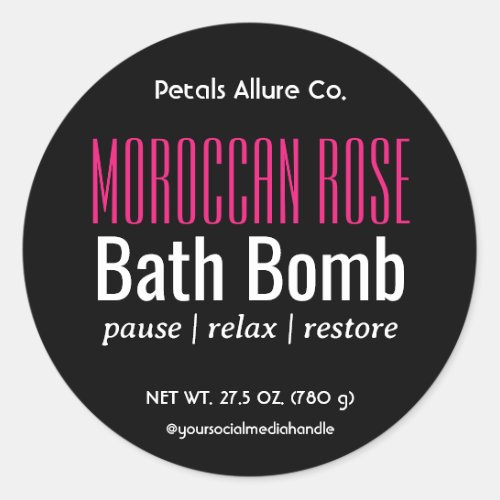 Minimal Modern Black Pink Bath Bomb Round Label