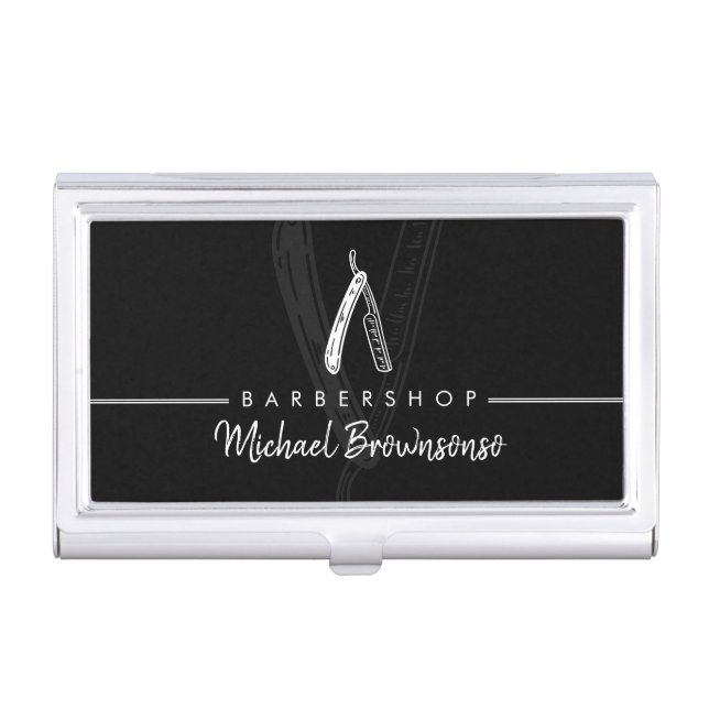 Minimal Modern Black Razor Barber Business Card Case (Front)