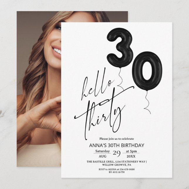 Minimal Modern Black White 30th Birthday Invitation (Front/Back)