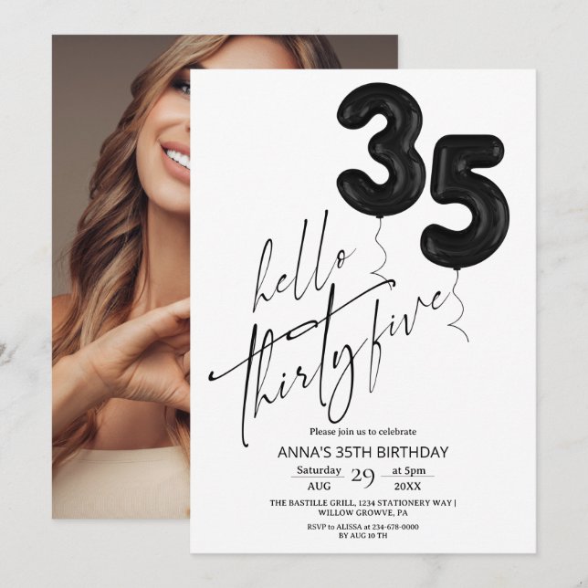 Minimal Modern Black White 35th Birthday Invitation (Front/Back)