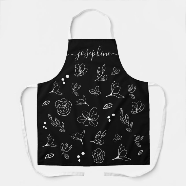 Minimal Modern Black White Floral personalized Apron (Front)