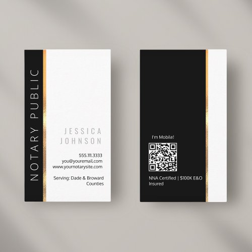 Minimal Modern Black  White Gold Custom Notary  Business Card