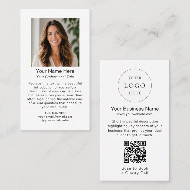 Minimal Modern Black White Logo QR Code Photo Business Card (Front/Back)