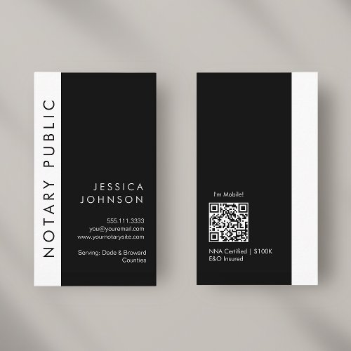Minimal Modern Black  White Mobile Notary Public  Business Card