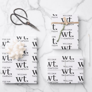 Minimal Modern Black & White Monogrammed Name Wrapping Paper Sheets