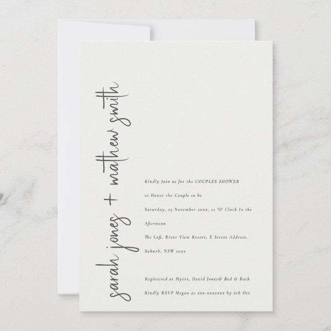 Minimal Modern Black White Script Couples Shower Invitation (Front)