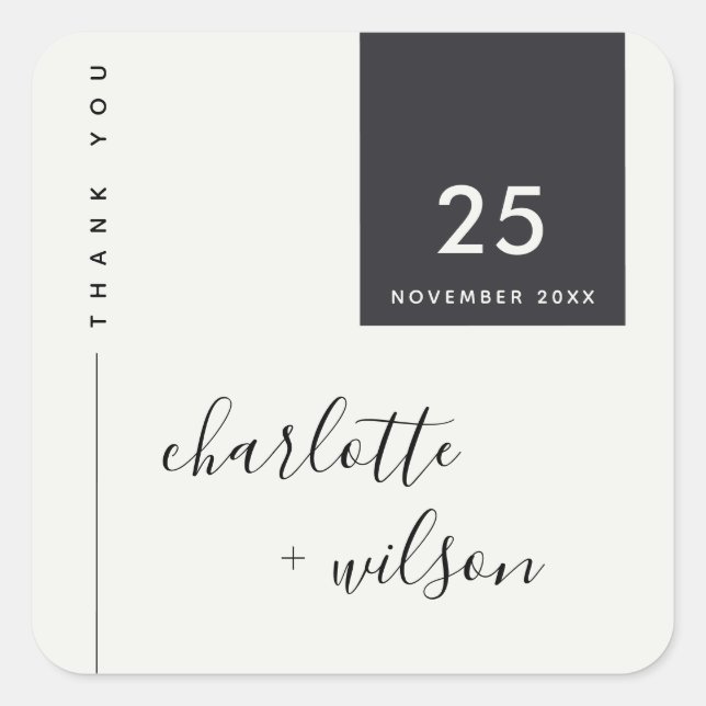 MINIMAL MODERN BLACK & WHITE THANK YOU WEDDING SQUARE STICKER (Front)