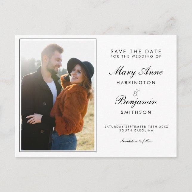 Minimal Modern Black White Wedding Save the Date Invitation Postcard (Front)