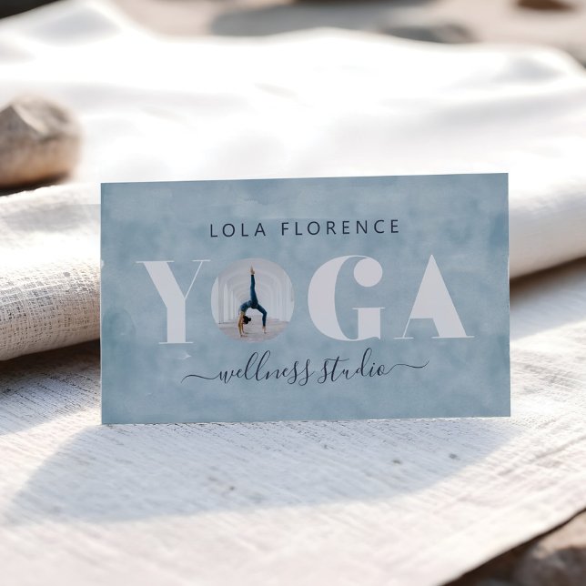 Minimal Modern Blue Chic Luxury Yoga Studio Photo Business Card (Modern Blue Watercolor YOGA Overlay Custom Photo Business Card)