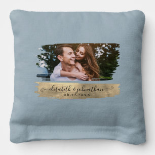 Minimal Modern Blue Gold Add Photo & Name Wedding Cornhole Bags