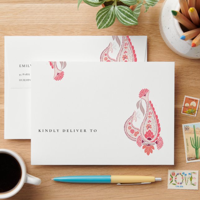 Minimal Modern Blush Paisley Typography Wedding Envelope (Desk)