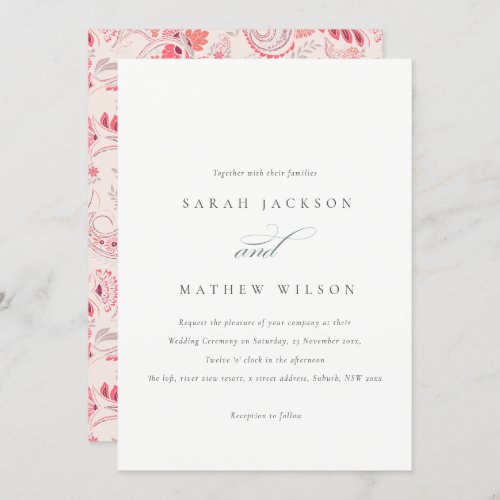 Minimal Modern Blush Paisley Typography Wedding Invitation