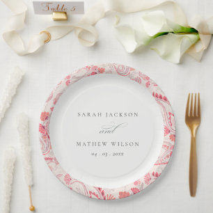 Minimal Modern Blush Paisley Typography Wedding Paper Plates