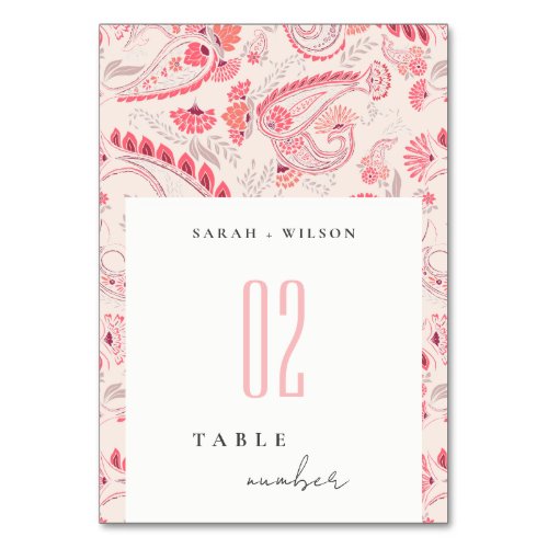 Minimal Modern Blush Paisley Typography Wedding Table Number
