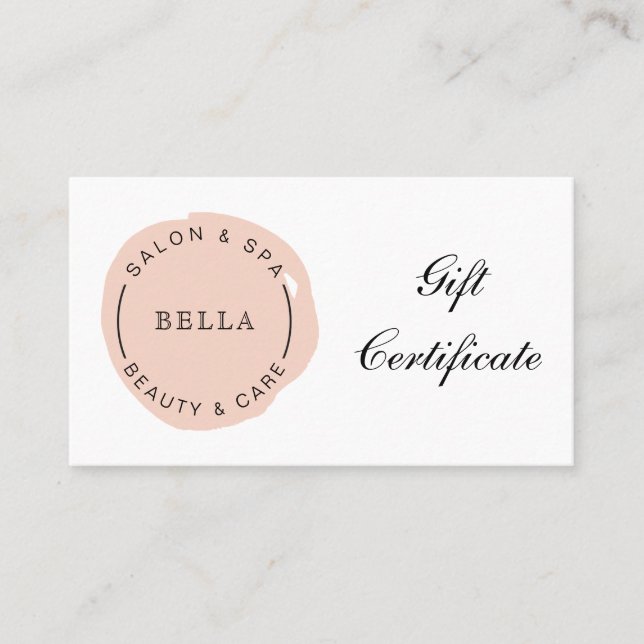 Minimal Modern Blush Salon Spa Gift Certificate (Front)