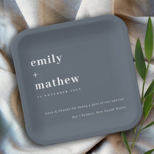 Minimal Modern Bold Grey Blue Typography Wedding Paper Plates