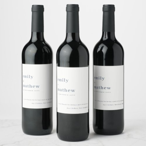 Minimal Modern Bold Grey Blue Typography Wedding Wine Label