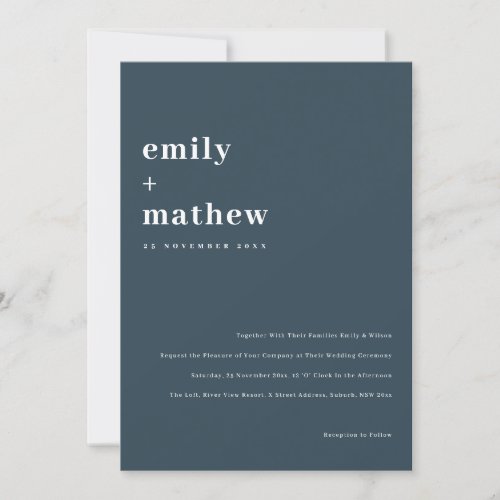 Minimal Modern Bold Navy Blue Typography Wedding Invitation