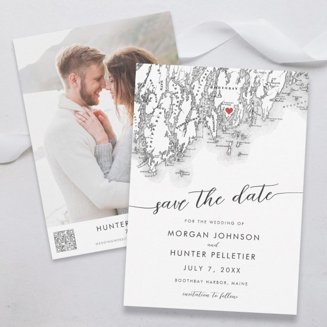 Minimal Modern Boothbay Harbor Maine Map Save The Date (Boothbay Harbor Maine wedding save the date minimal modern black and white by Coastal Map Designs)
