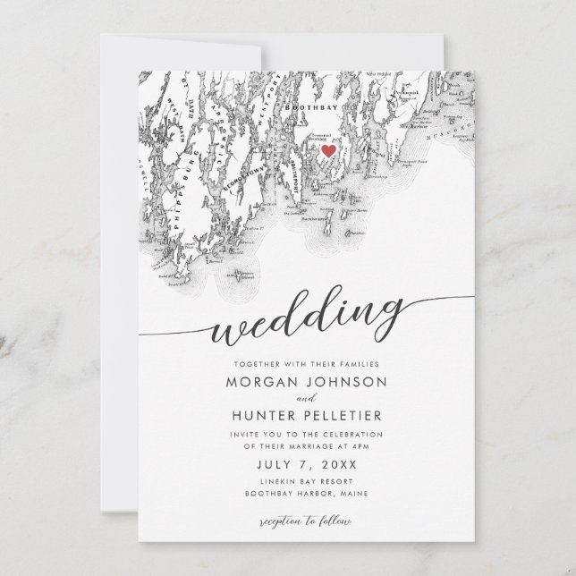Minimal Modern Boothbay Harbor Maine Map Wedding Invitation (Front)