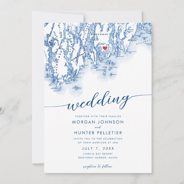 Minimal Modern Boothbay Harbor Maine Map Wedding Invitation (Front)