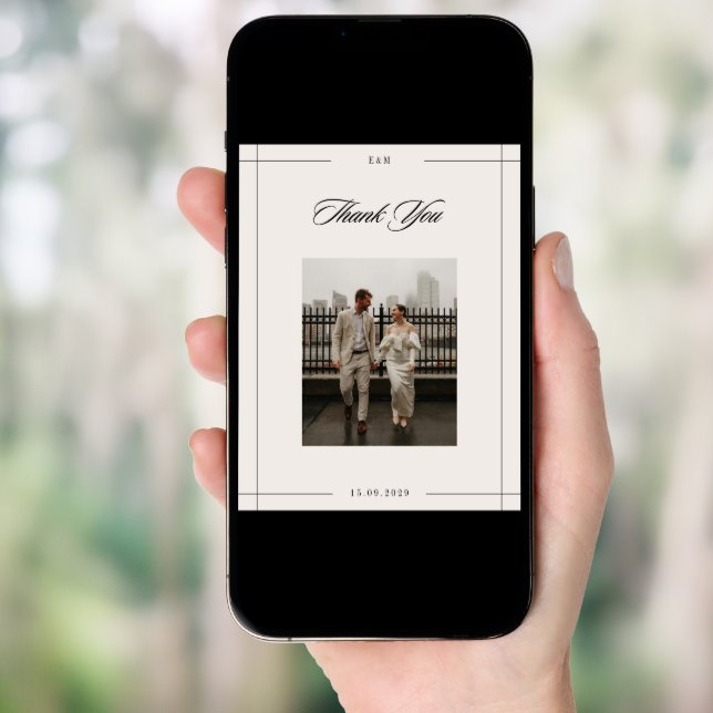 Minimal modern border photo wedding thank you card (Front Digital)