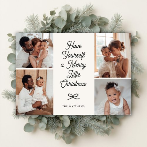 Minimal Modern Bow 4 Photo Merry Little Christmas Holiday Card