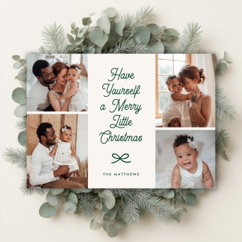 Minimal Modern Bow 4 Photo Merry Little Christmas Holiday Card