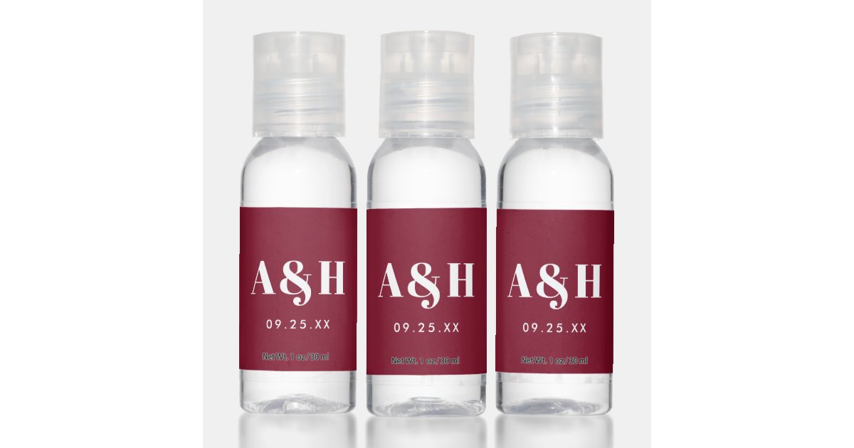 Minimal Modern Burgundy Monogram Intials Wedding Hand Sanitizer | Zazzle