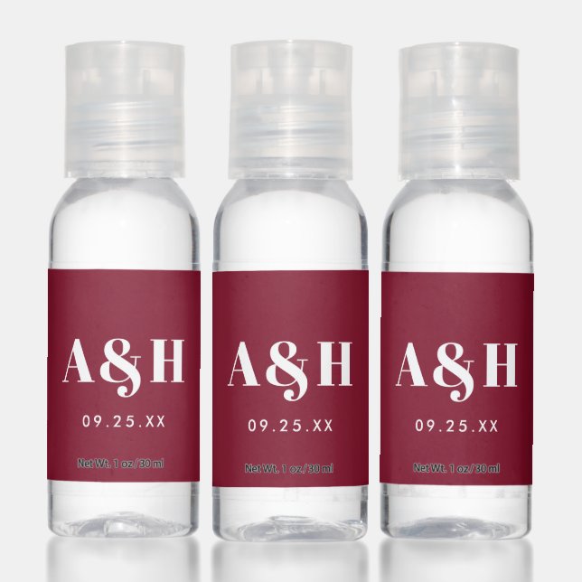 Minimal Modern Burgundy Monogram Intials Wedding Hand Sanitizer (Set)