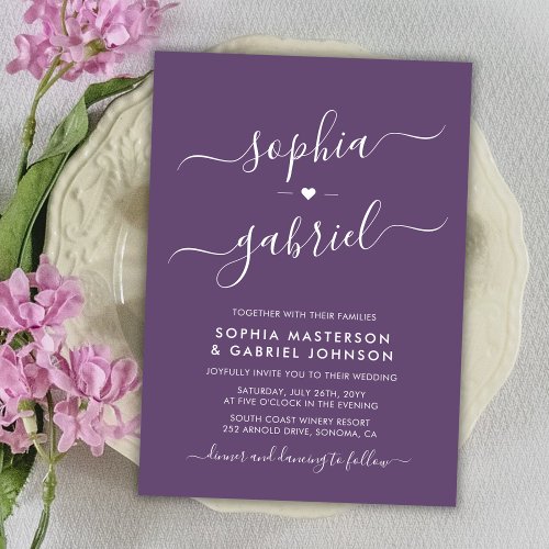 Minimal Modern Calligraphy Purple Monogram Wedding Invitation
