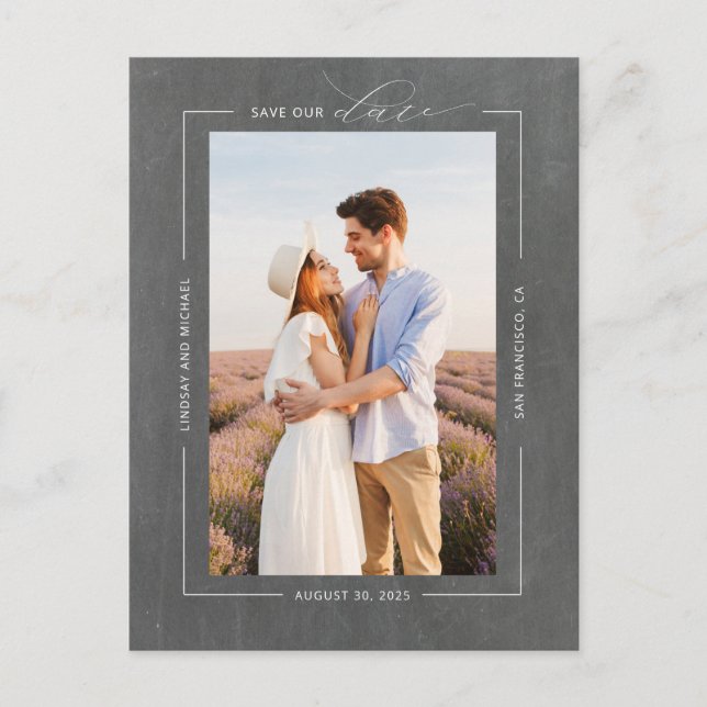 Minimal Modern Chalkboard Save the Date Photo Announcement Postcard (Front)