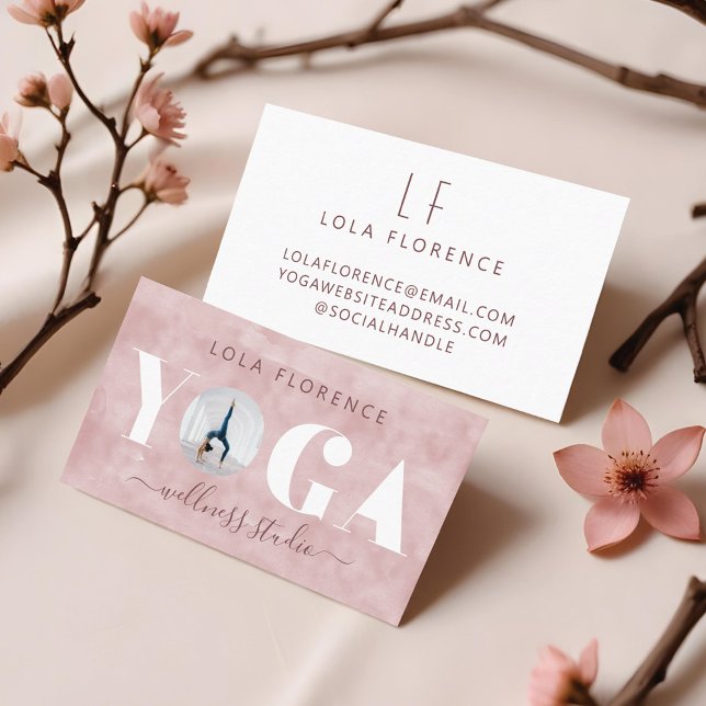Minimal Modern Chic Pink Luxury Yoga Studio Photo Business Card (Modern Pink Watercolor YOGA Overlay Custom Photo Business Card)