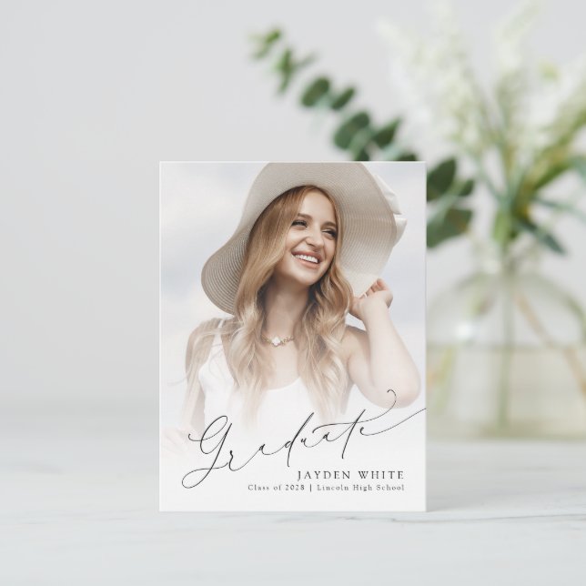 Minimal Modern Chic Script Photo Graduation invite (Standing Front)