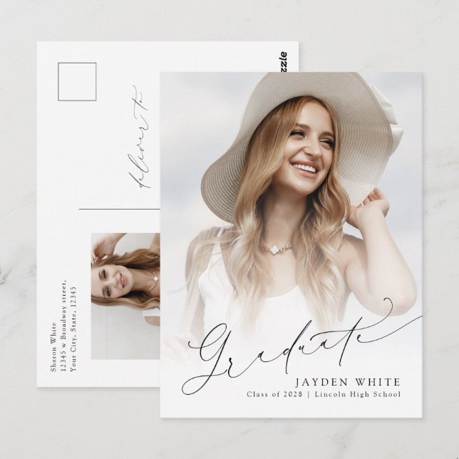 Minimal Modern Chic Script Photo Graduation invite (Front/Back)