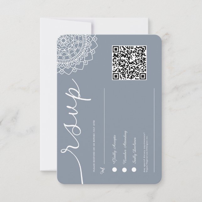 Minimal Modern Chick Dusty Blue Mandala QR Code RSVP Card (Front)