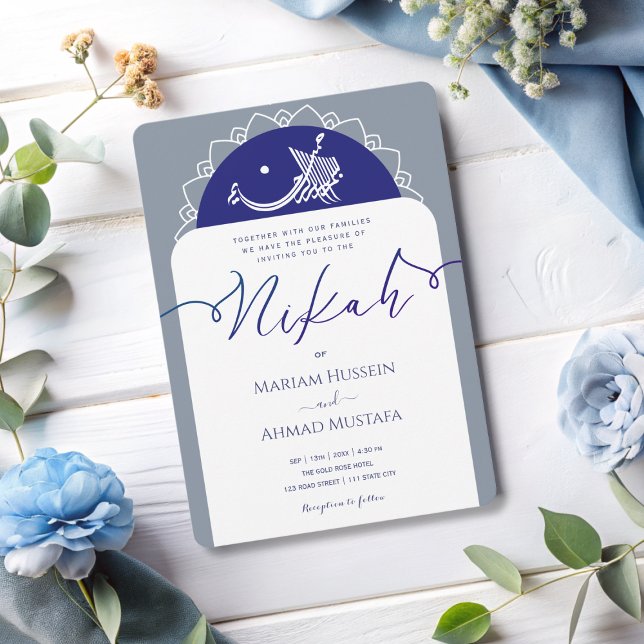 Minimal Modern Chick Dusty Navy Blue Islamic Nikah Invitation (Creator Uploaded)