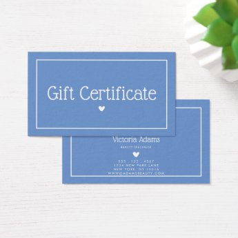 Minimal, Modern Cornflower Blue Gift Certificate