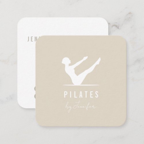 Minimal Modern Cream Beige Female Logo Pilates Square Business Card