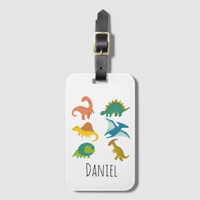 Minimal Modern Cute Cartoon Dinosaurs Name Luggage Tag (Front Vertical)
